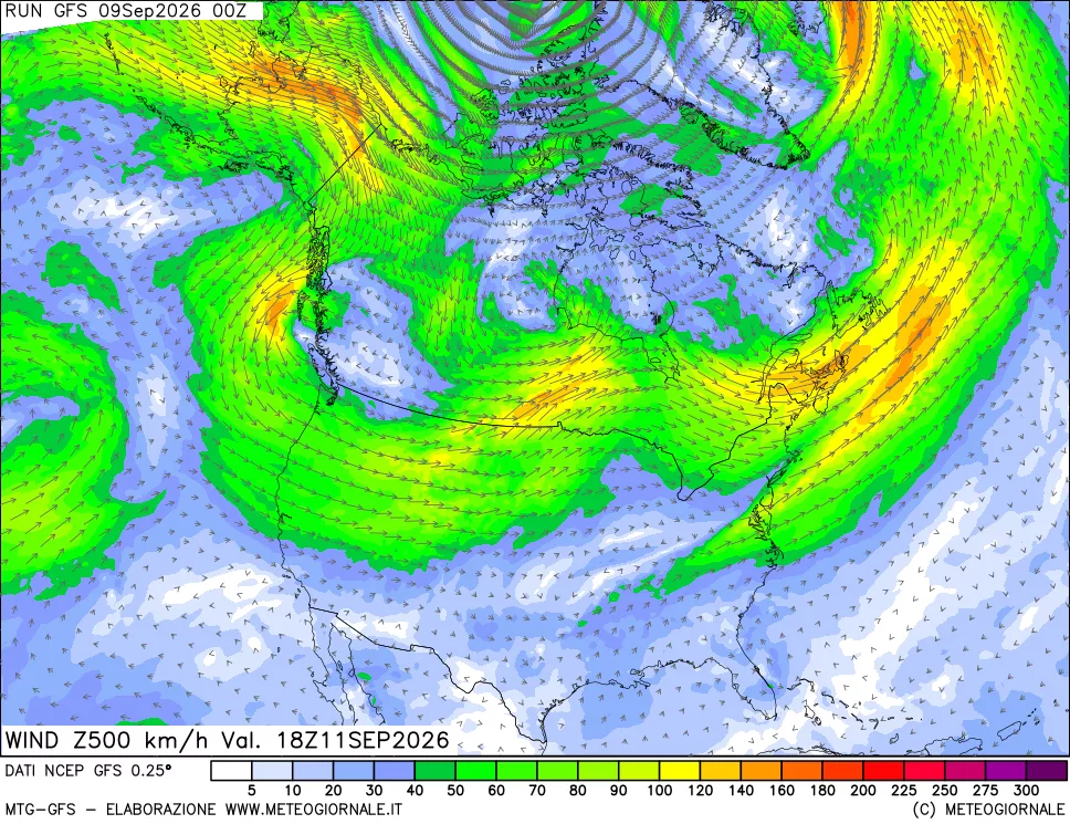 mappa 500 hPa Vento forza e direzione