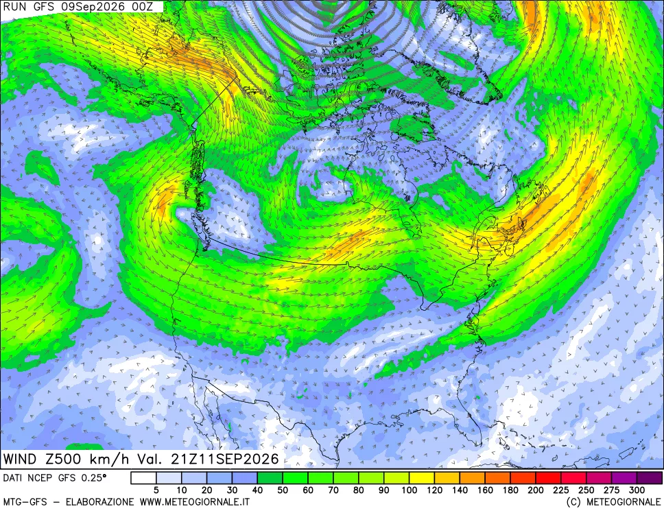 mappa 500 hPa Vento forza e direzione