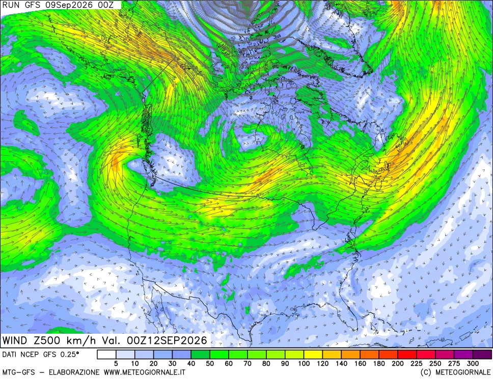 mappa 500 hPa Vento forza e direzione