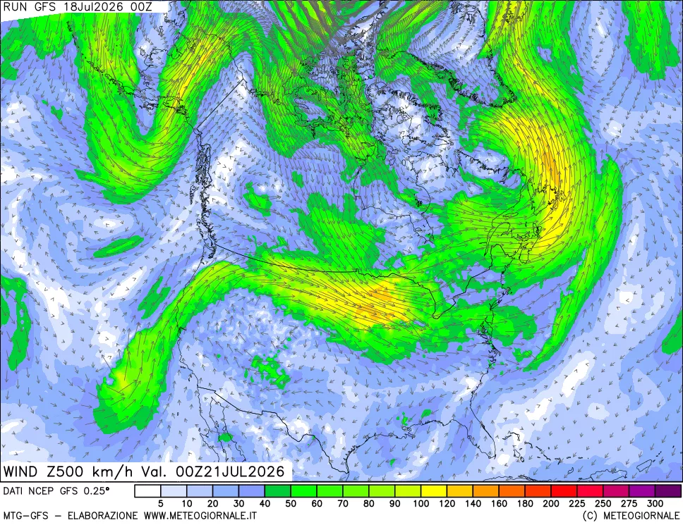 mappa 500 hPa Vento forza e direzione