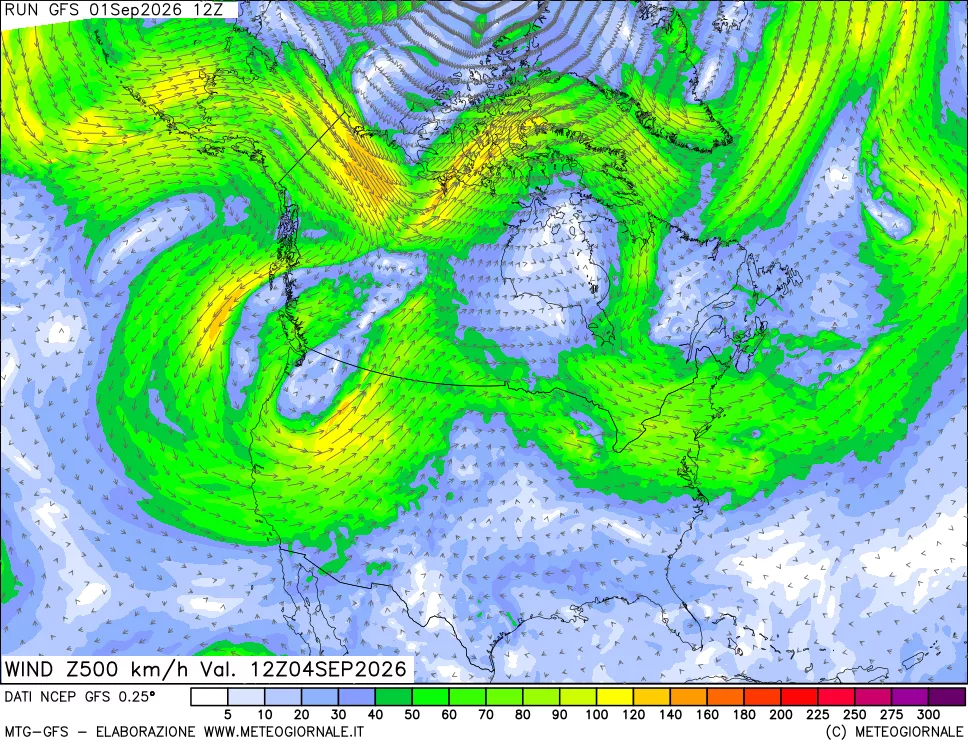 mappa 500 hPa Vento forza e direzione
