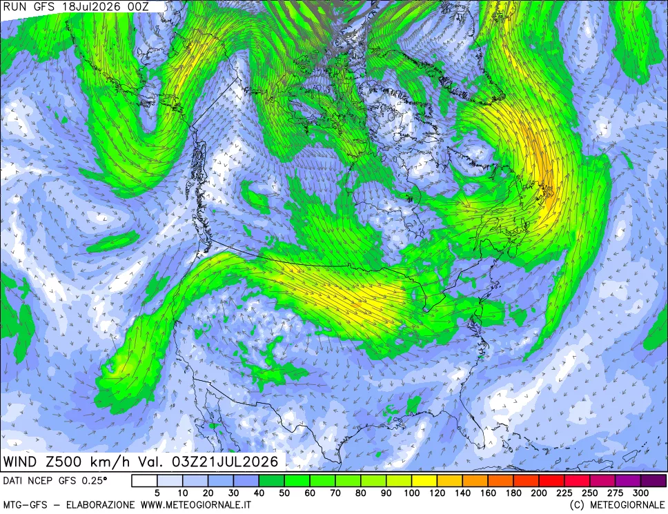 mappa 500 hPa Vento forza e direzione