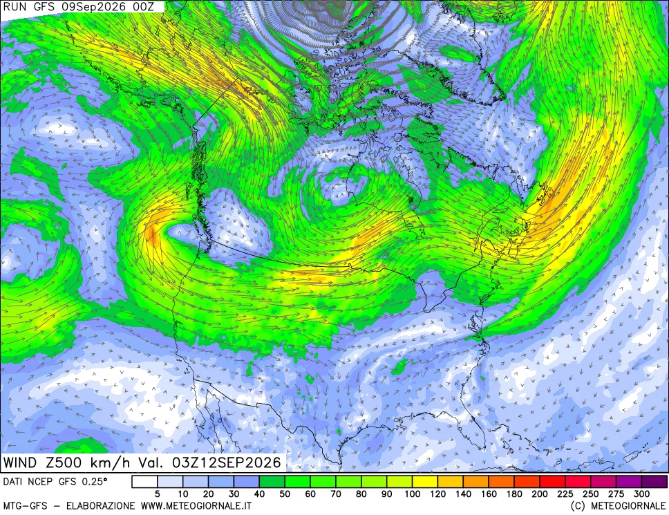 mappa 500 hPa Vento forza e direzione