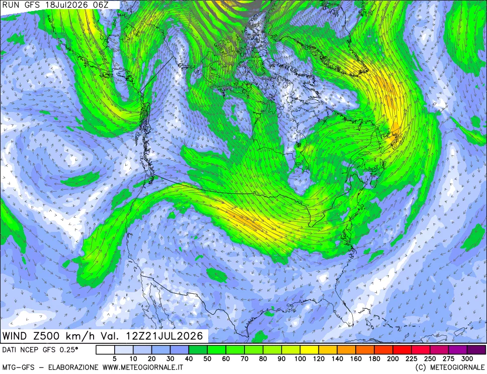 mappa 500 hPa Vento forza e direzione