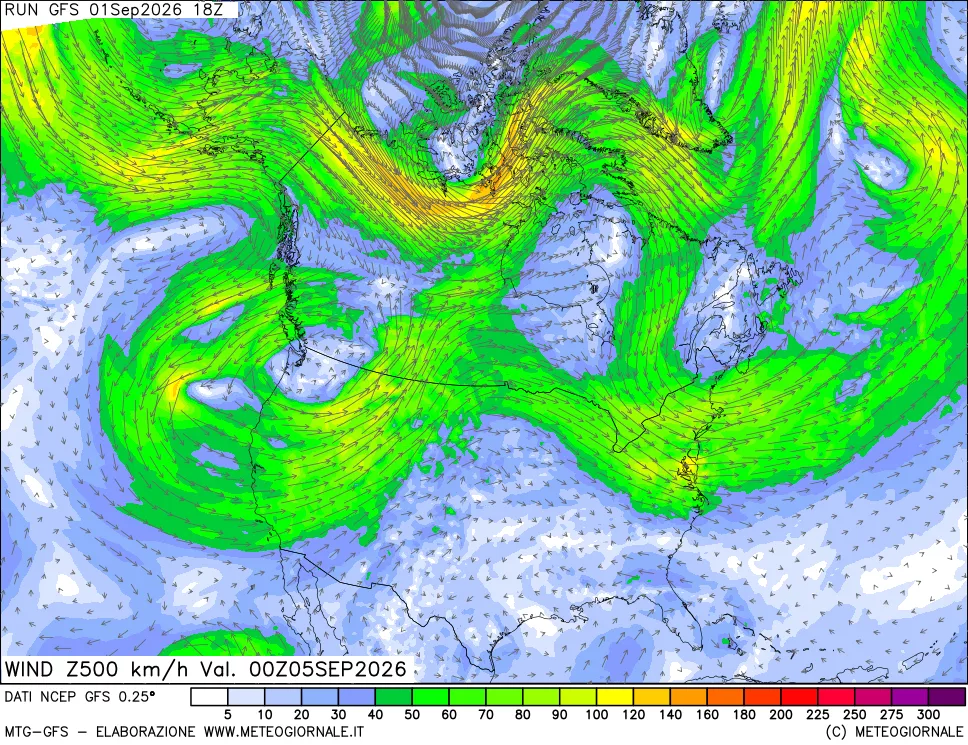 mappa 500 hPa Vento forza e direzione
