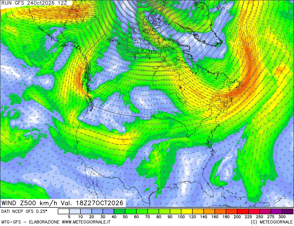 mappa 500 hPa Vento forza e direzione