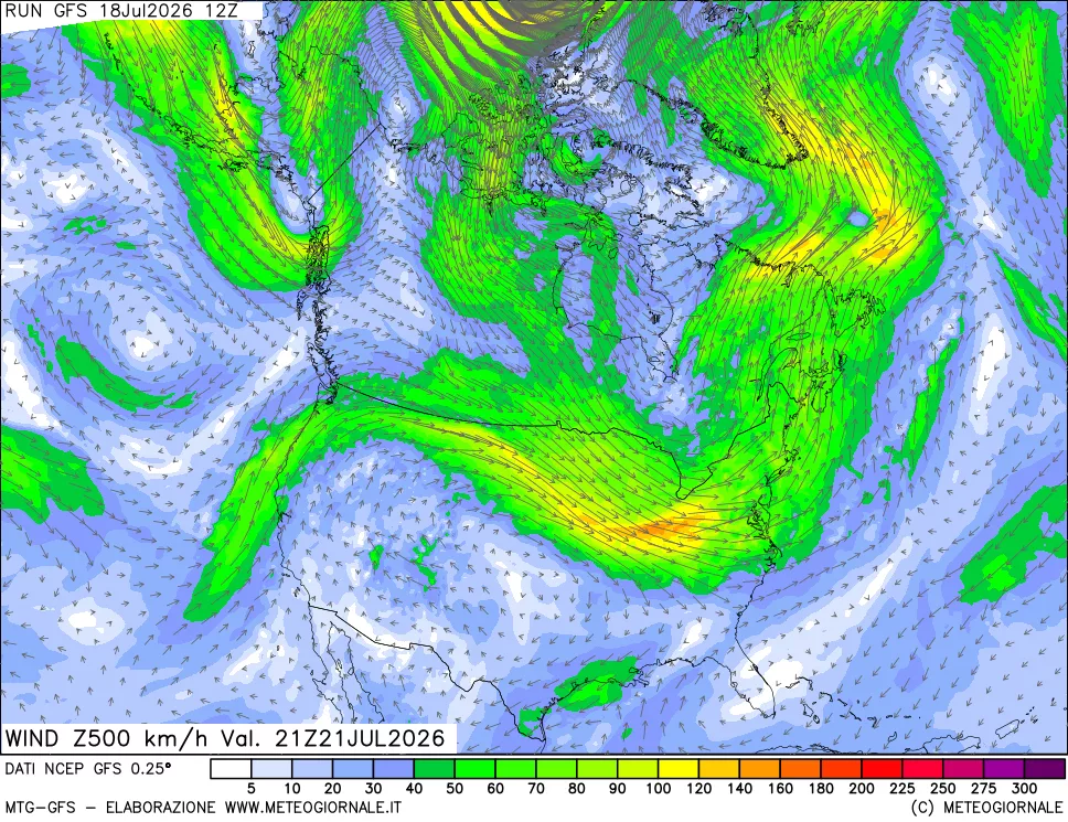 mappa 500 hPa Vento forza e direzione