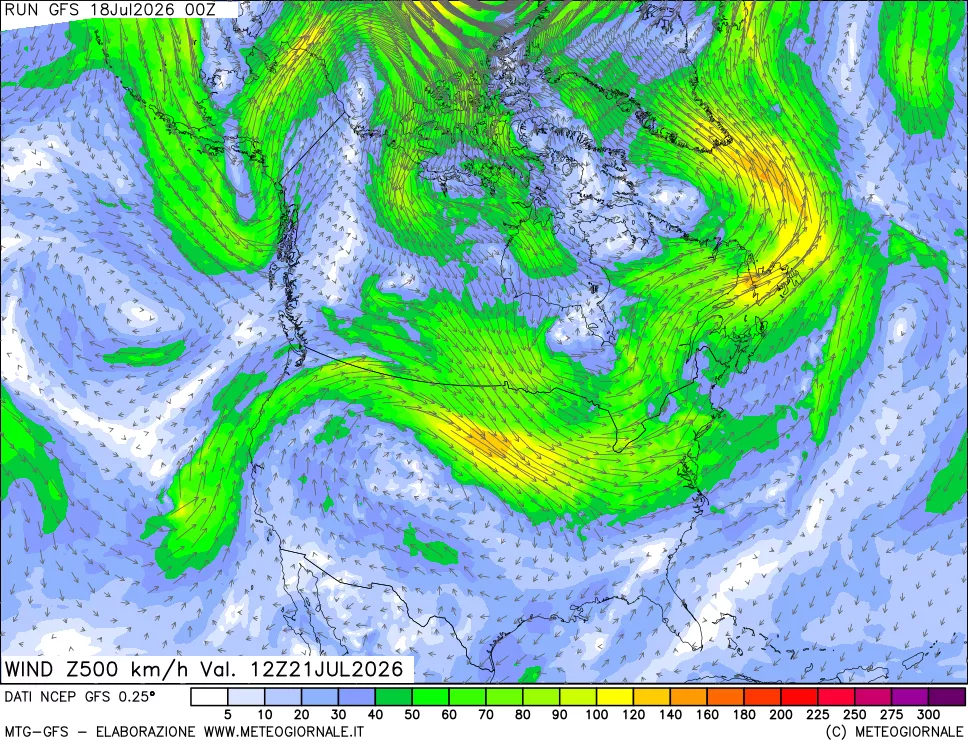 mappa 500 hPa Vento forza e direzione