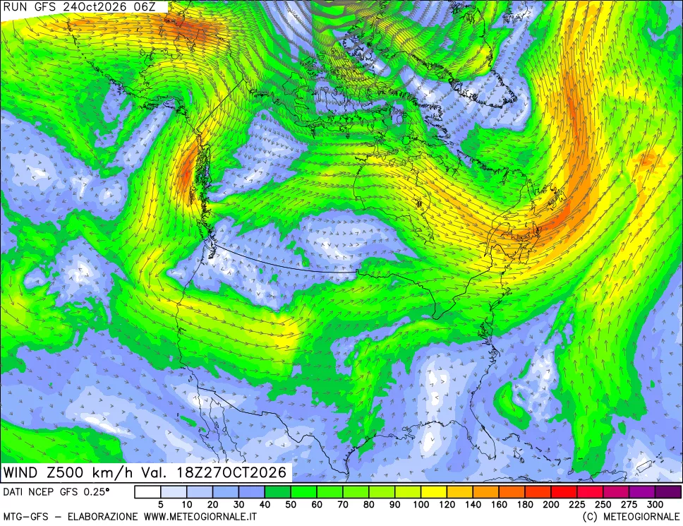 mappa 500 hPa Vento forza e direzione