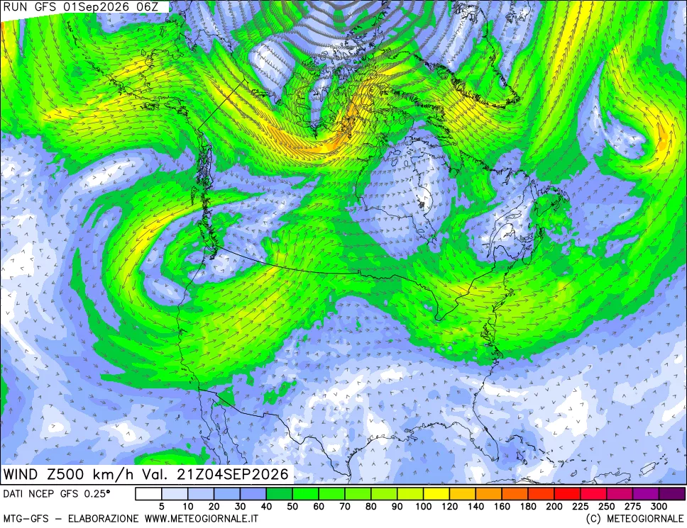 mappa 500 hPa Vento forza e direzione