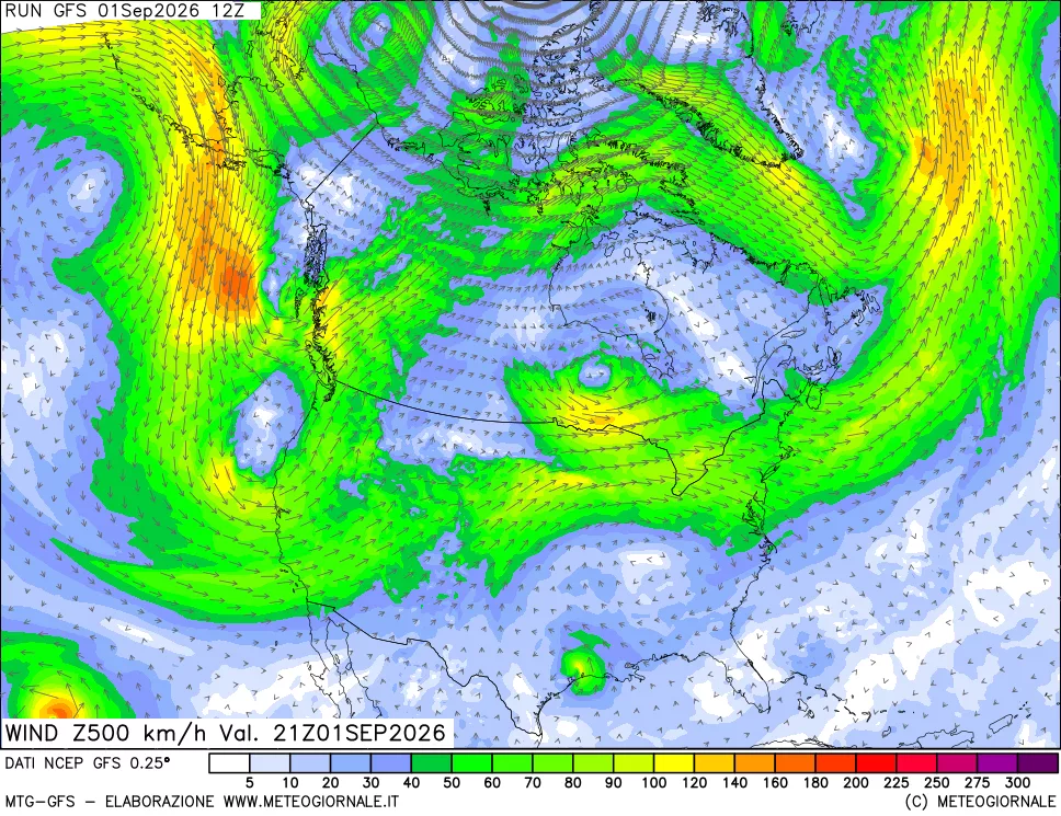 mappa 500 hPa Vento forza e direzione