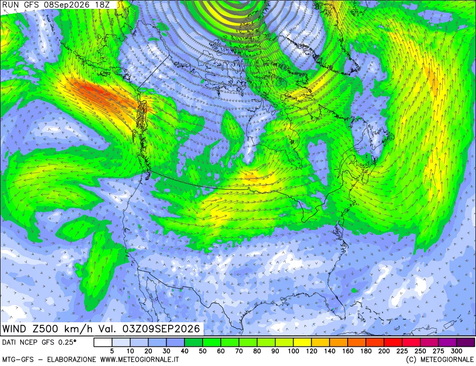 mappa 500 hPa Vento forza e direzione