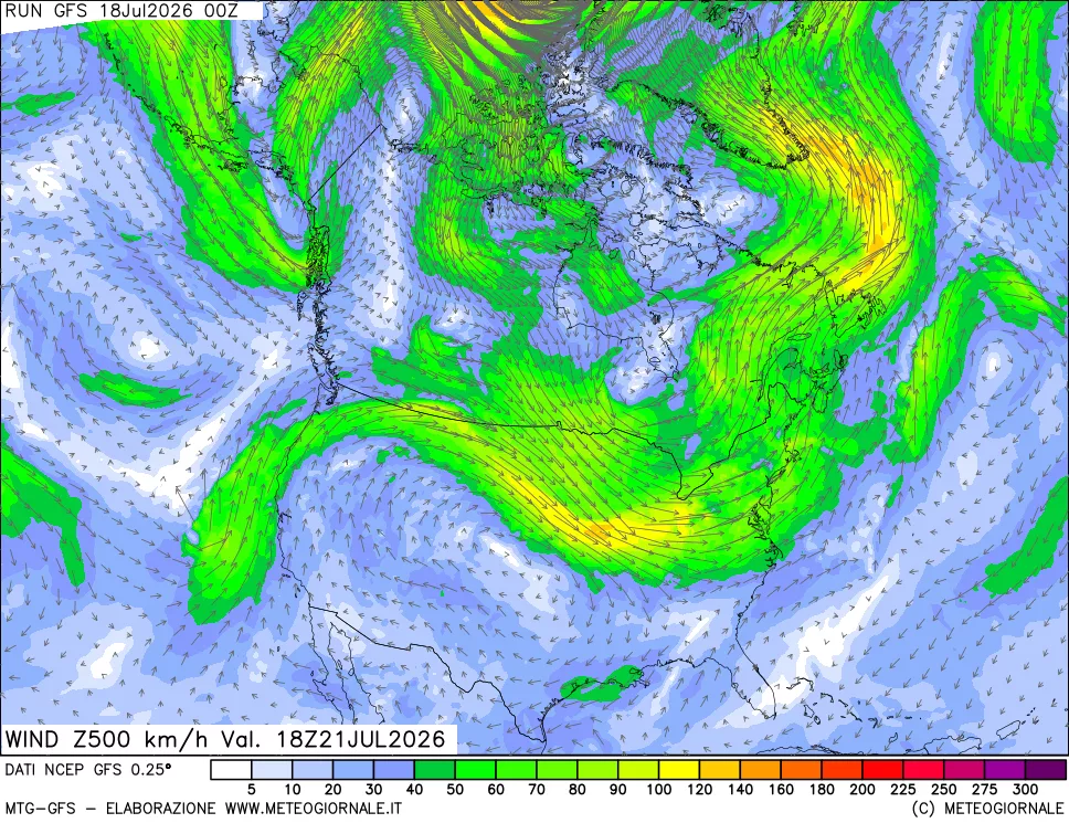 mappa 500 hPa Vento forza e direzione