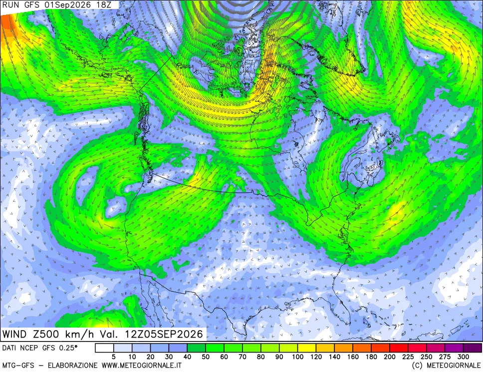 mappa 500 hPa Vento forza e direzione