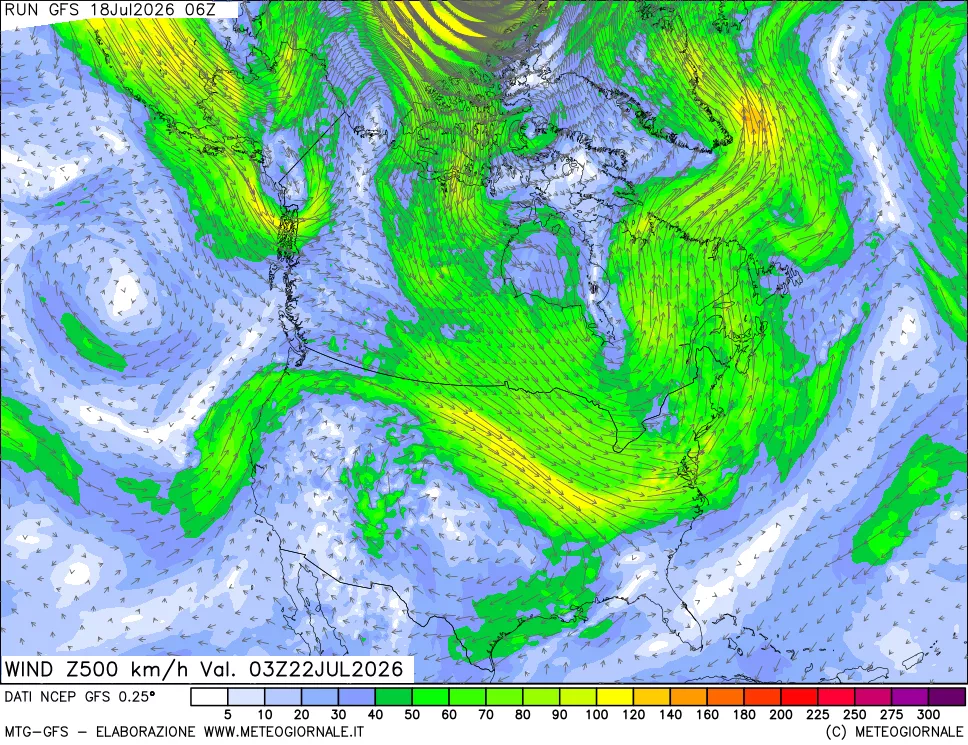 mappa 500 hPa Vento forza e direzione