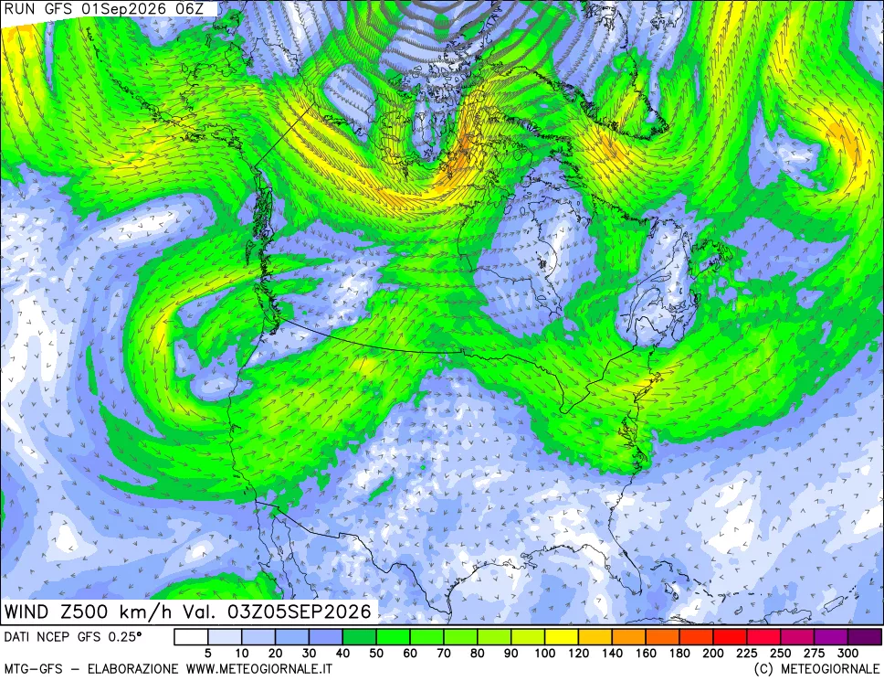 mappa 500 hPa Vento forza e direzione
