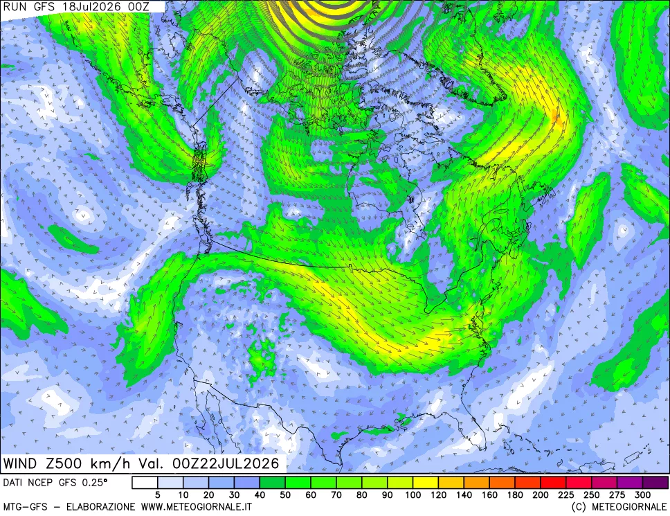 mappa 500 hPa Vento forza e direzione