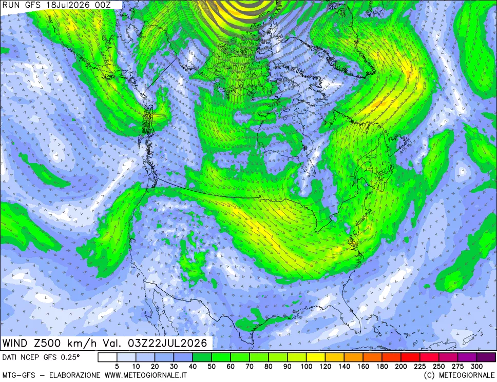 mappa 500 hPa Vento forza e direzione