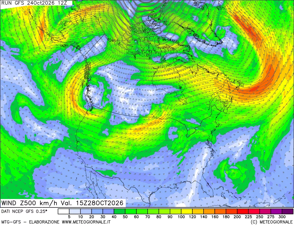 mappa 500 hPa Vento forza e direzione