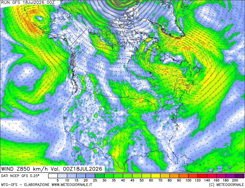 mappa 850 hPa Vento forza e direzione