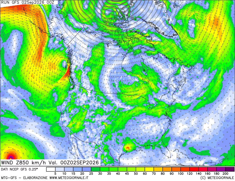 mappa 850 hPa Vento forza e direzione