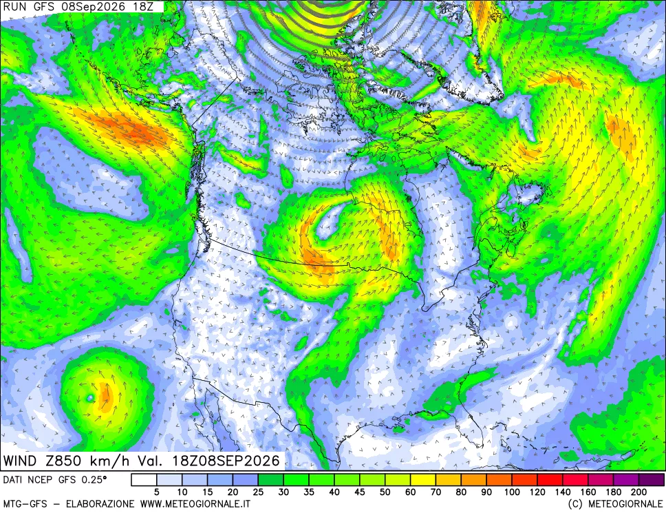 mappa 850 hPa Vento forza e direzione