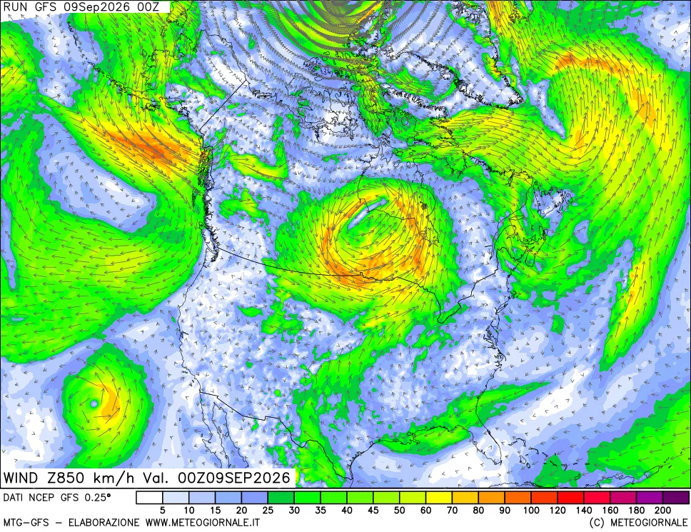 mappa 850 hPa Vento forza e direzione