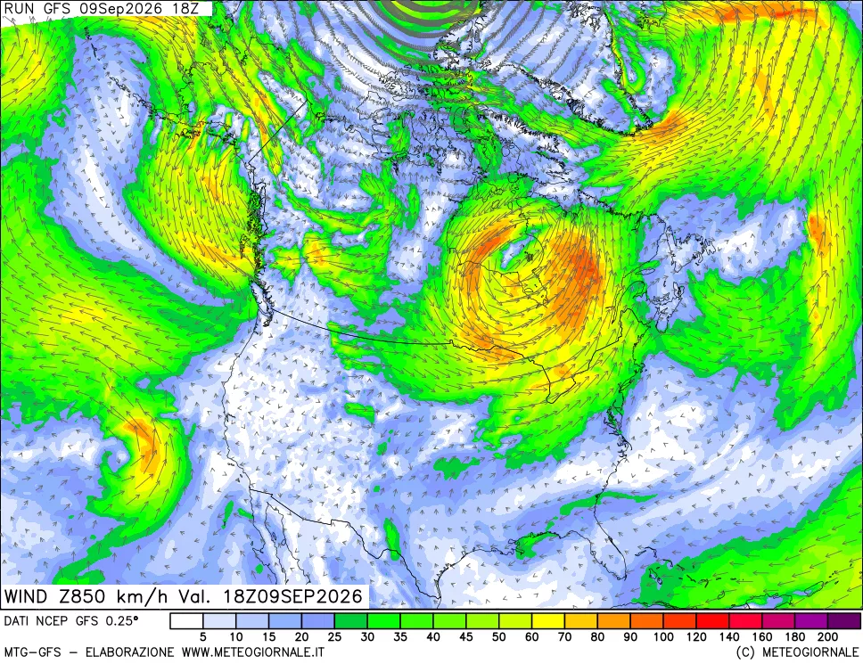 mappa 850 hPa Vento forza e direzione