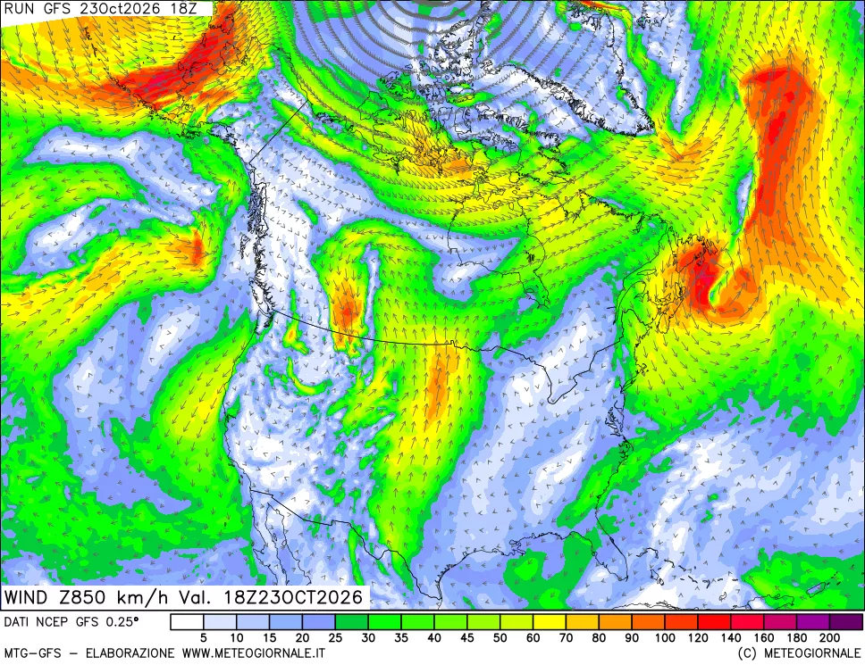 mappa 850 hPa Vento forza e direzione