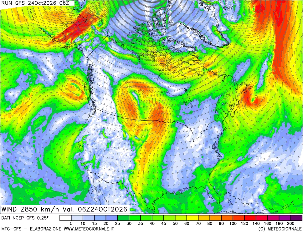 mappa 850 hPa Vento forza e direzione