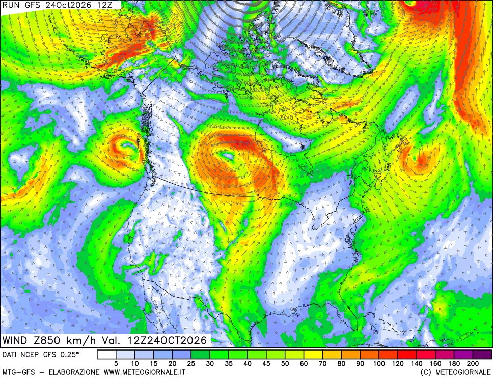 mappa 850 hPa Vento forza e direzione