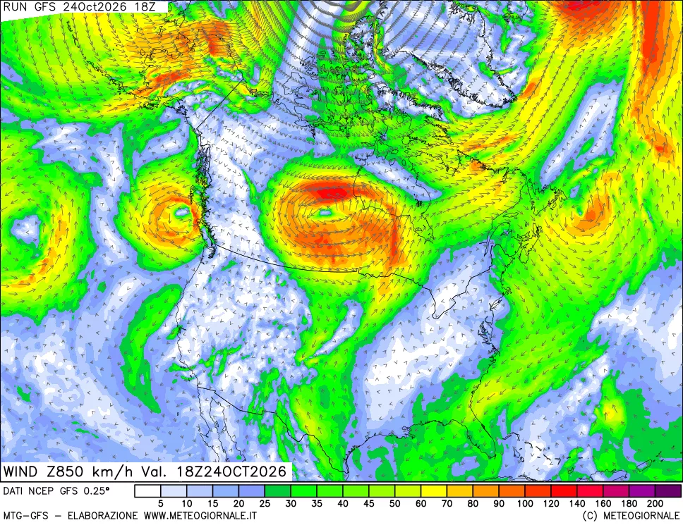mappa 850 hPa Vento forza e direzione