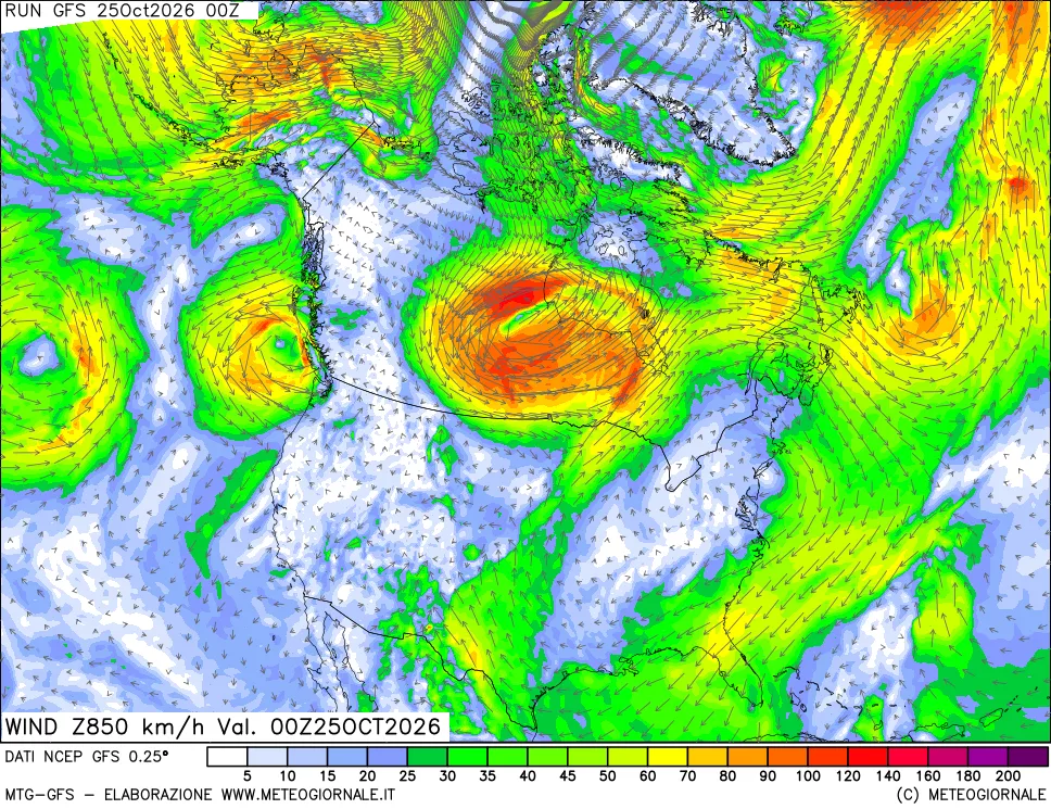 mappa 850 hPa Vento forza e direzione