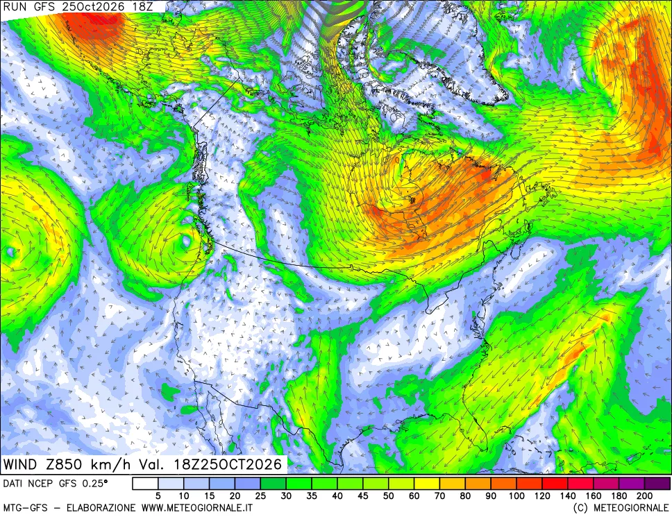 mappa 850 hPa Vento forza e direzione