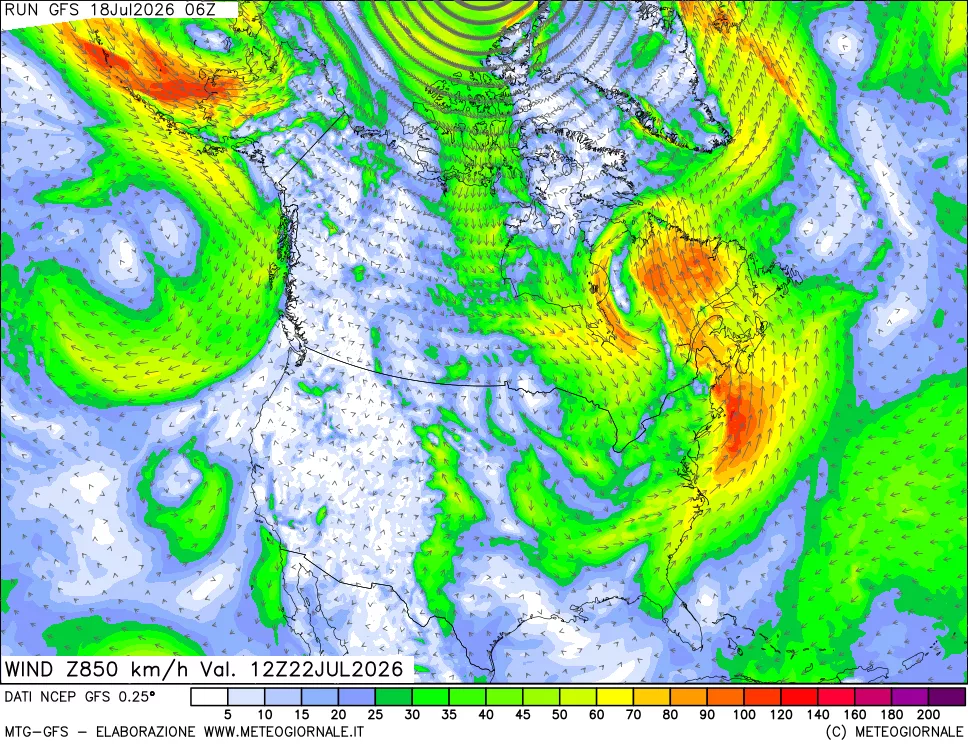 mappa 850 hPa Vento forza e direzione