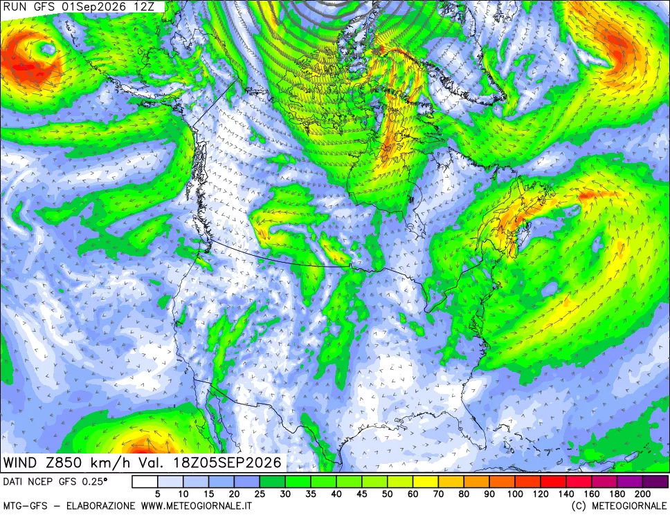 mappa 850 hPa Vento forza e direzione