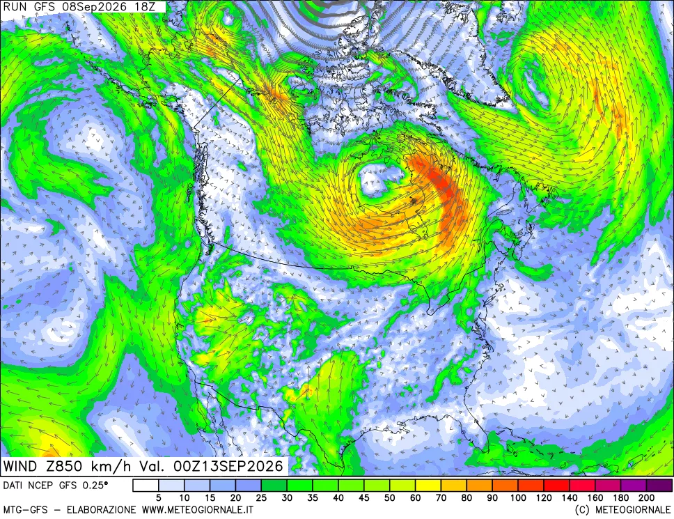 mappa 850 hPa Vento forza e direzione