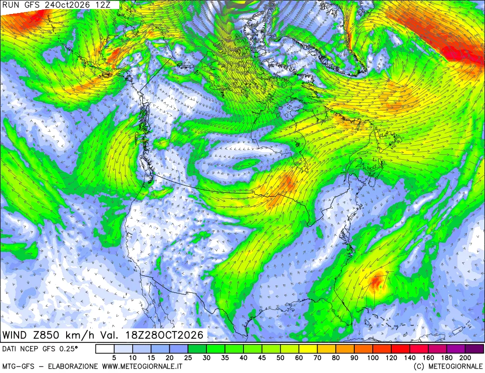 mappa 850 hPa Vento forza e direzione