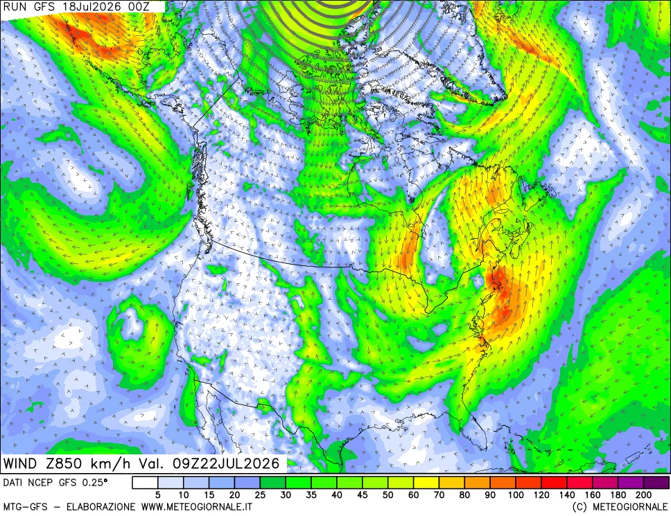 mappa 850 hPa Vento forza e direzione