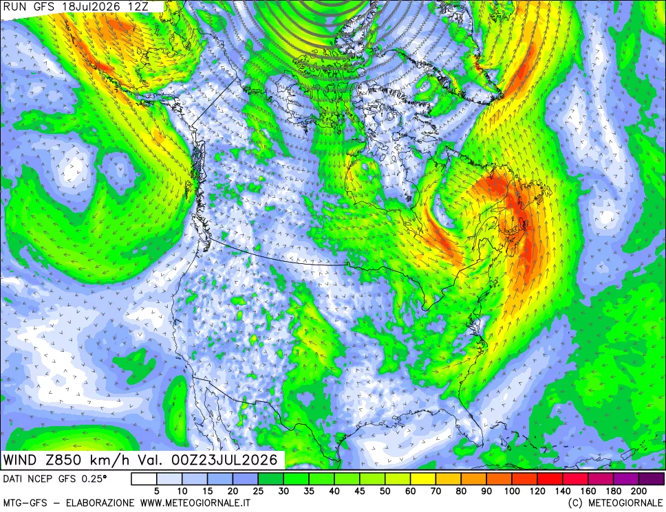 mappa 850 hPa Vento forza e direzione