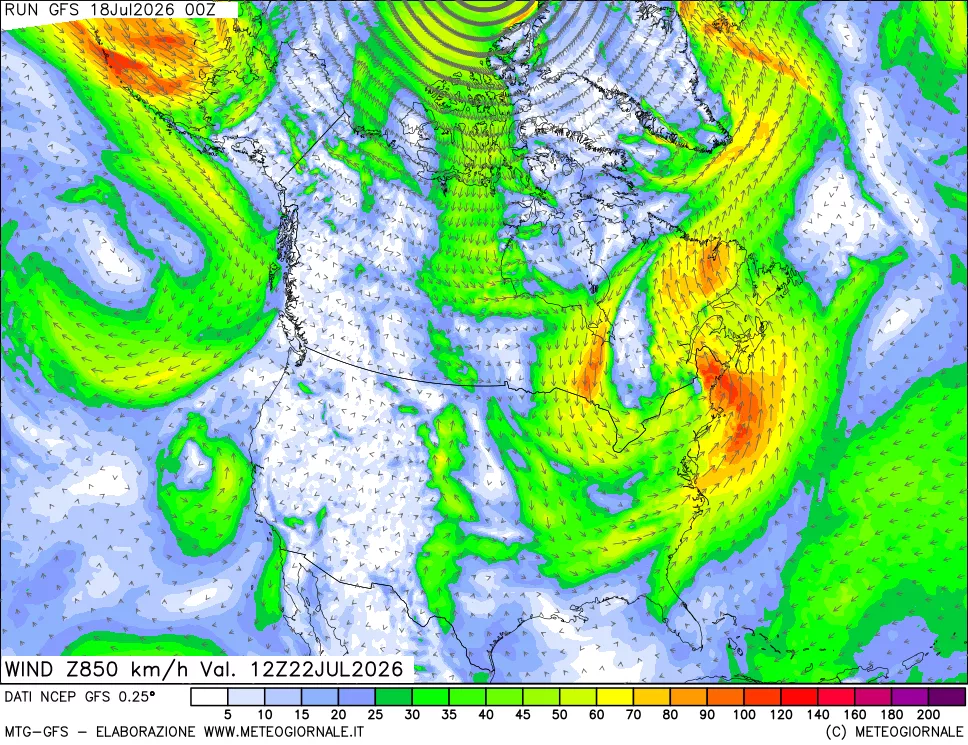 mappa 850 hPa Vento forza e direzione