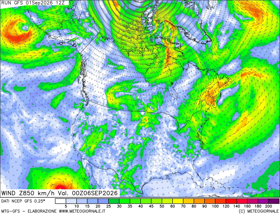 mappa 850 hPa Vento forza e direzione