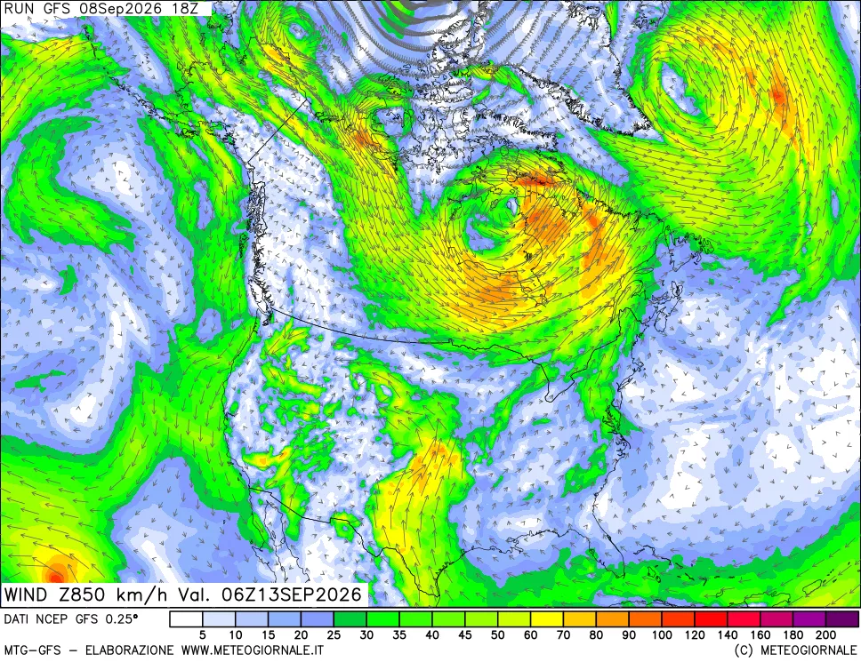 mappa 850 hPa Vento forza e direzione