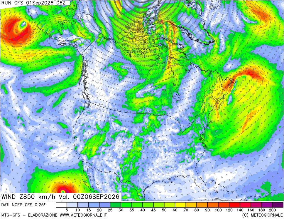 mappa 850 hPa Vento forza e direzione