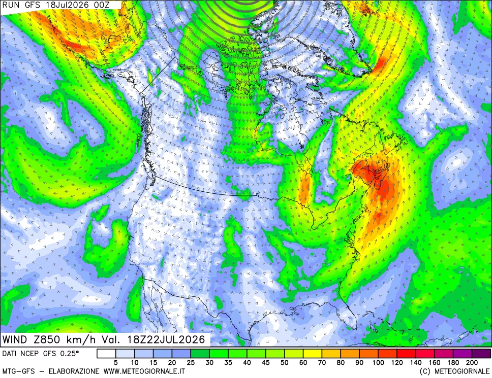 mappa 850 hPa Vento forza e direzione