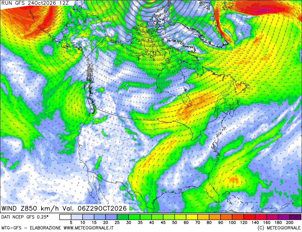 mappa 850 hPa Vento forza e direzione