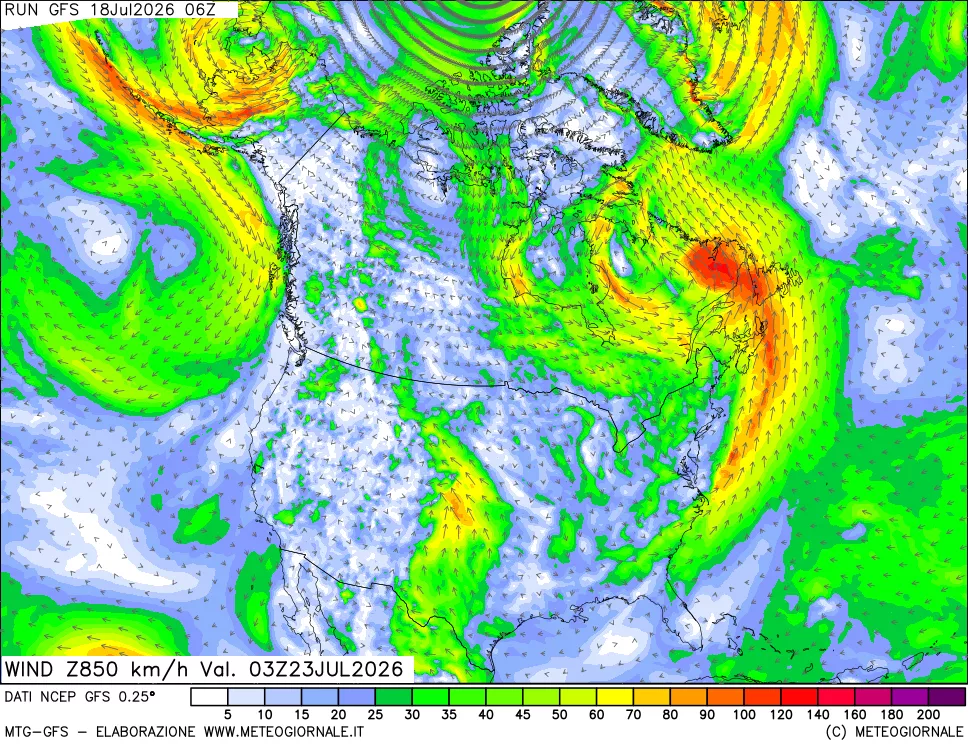 mappa 850 hPa Vento forza e direzione