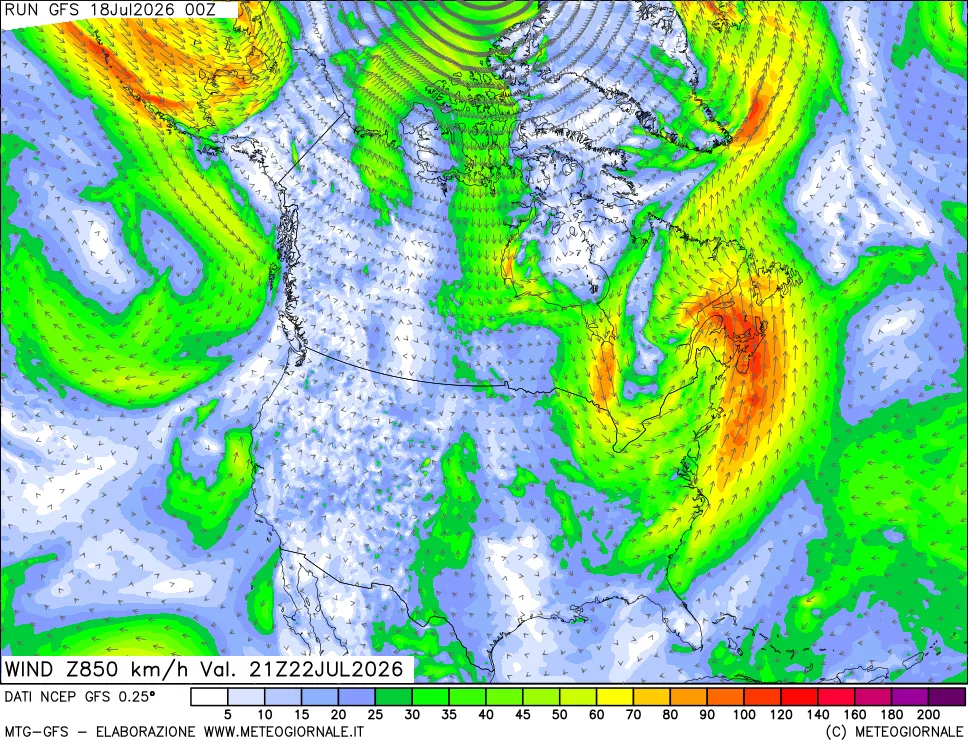 mappa 850 hPa Vento forza e direzione
