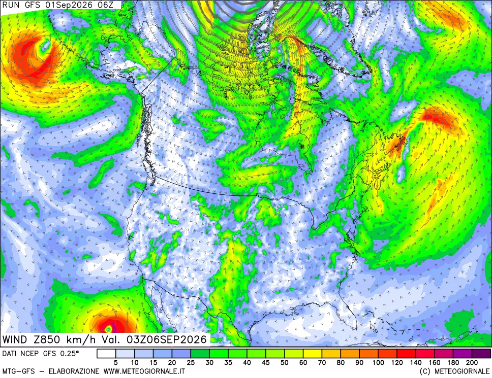 mappa 850 hPa Vento forza e direzione