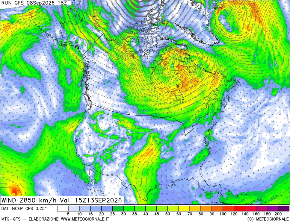 mappa 850 hPa Vento forza e direzione